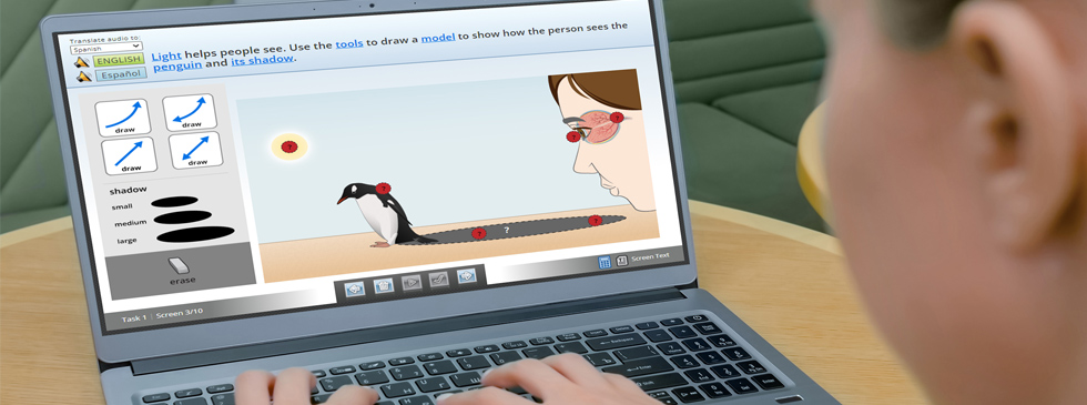 Student taking at an assessment on a laptop. The screen has someone looking at a penguin with different shadow and light path options to select.